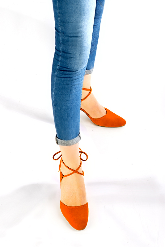 Clementine orange women's open back shoes, with crossed straps. Round toe. High flare heels. Worn view - Florence KOOIJMAN